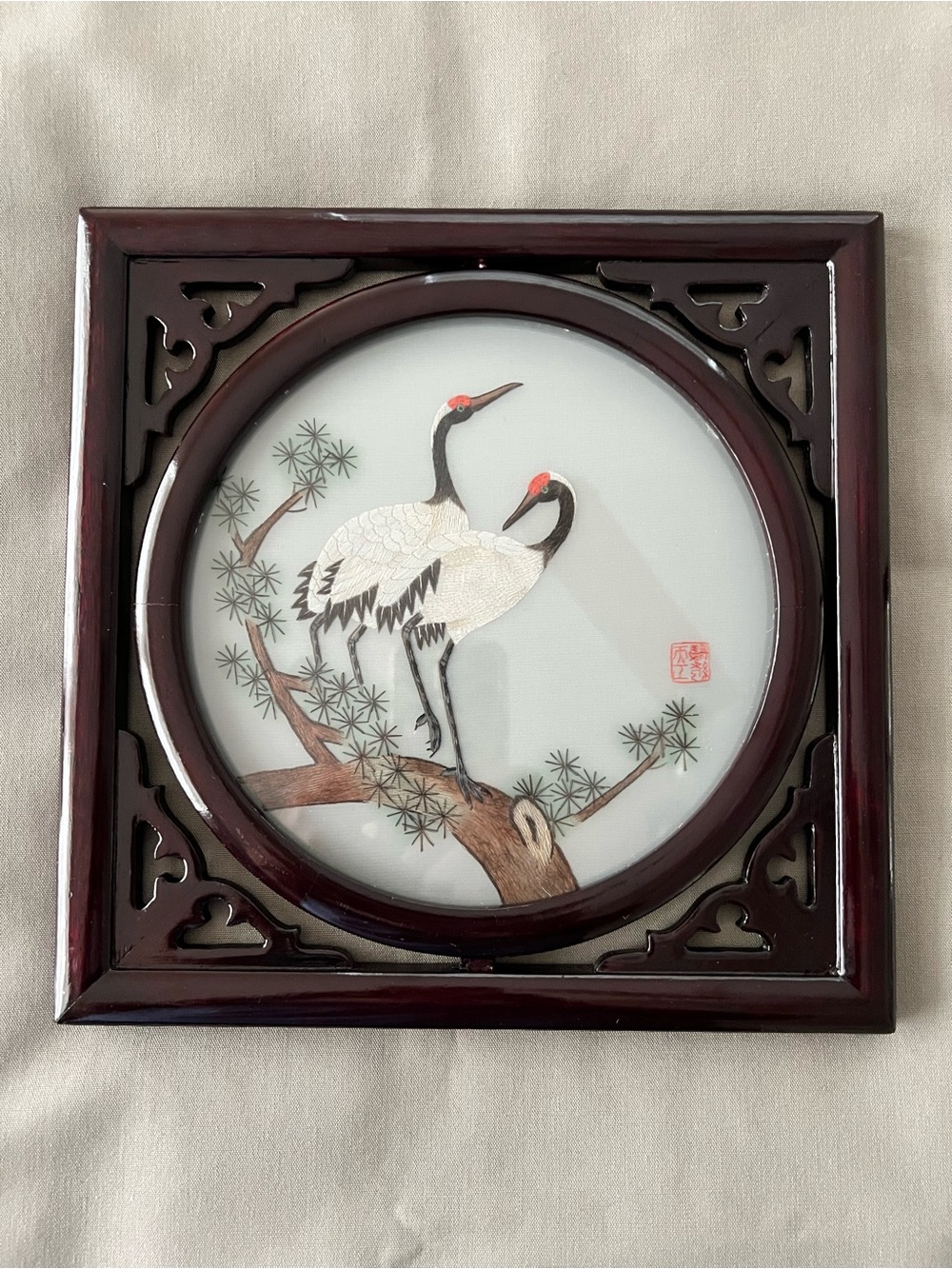 Vintage Chinese Silk Embroidery Crane Wall Hanging
